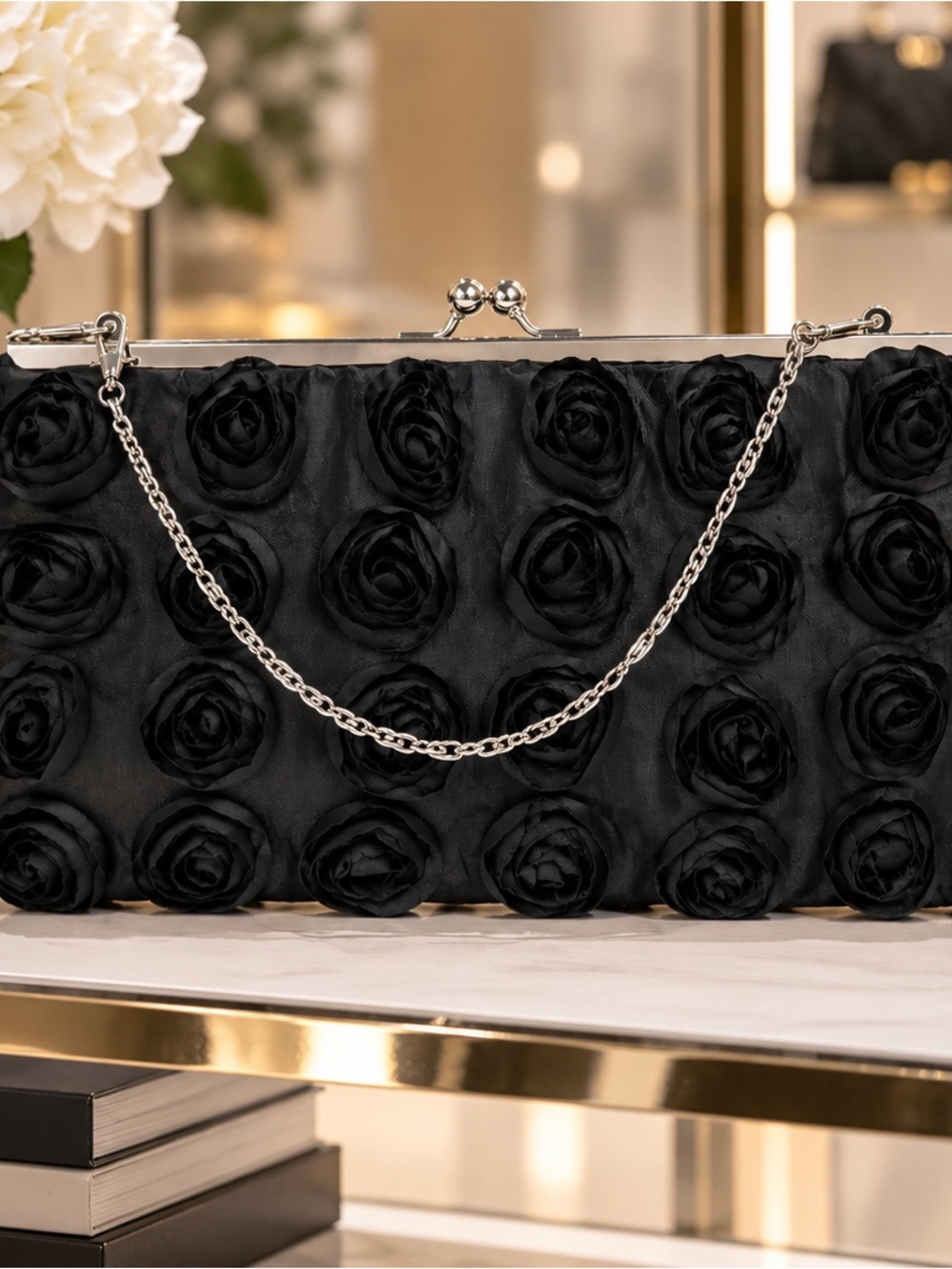 Black Rose Fabric Vintage Clutch, Wallet Frame, Short Silver Chain, 2000s
